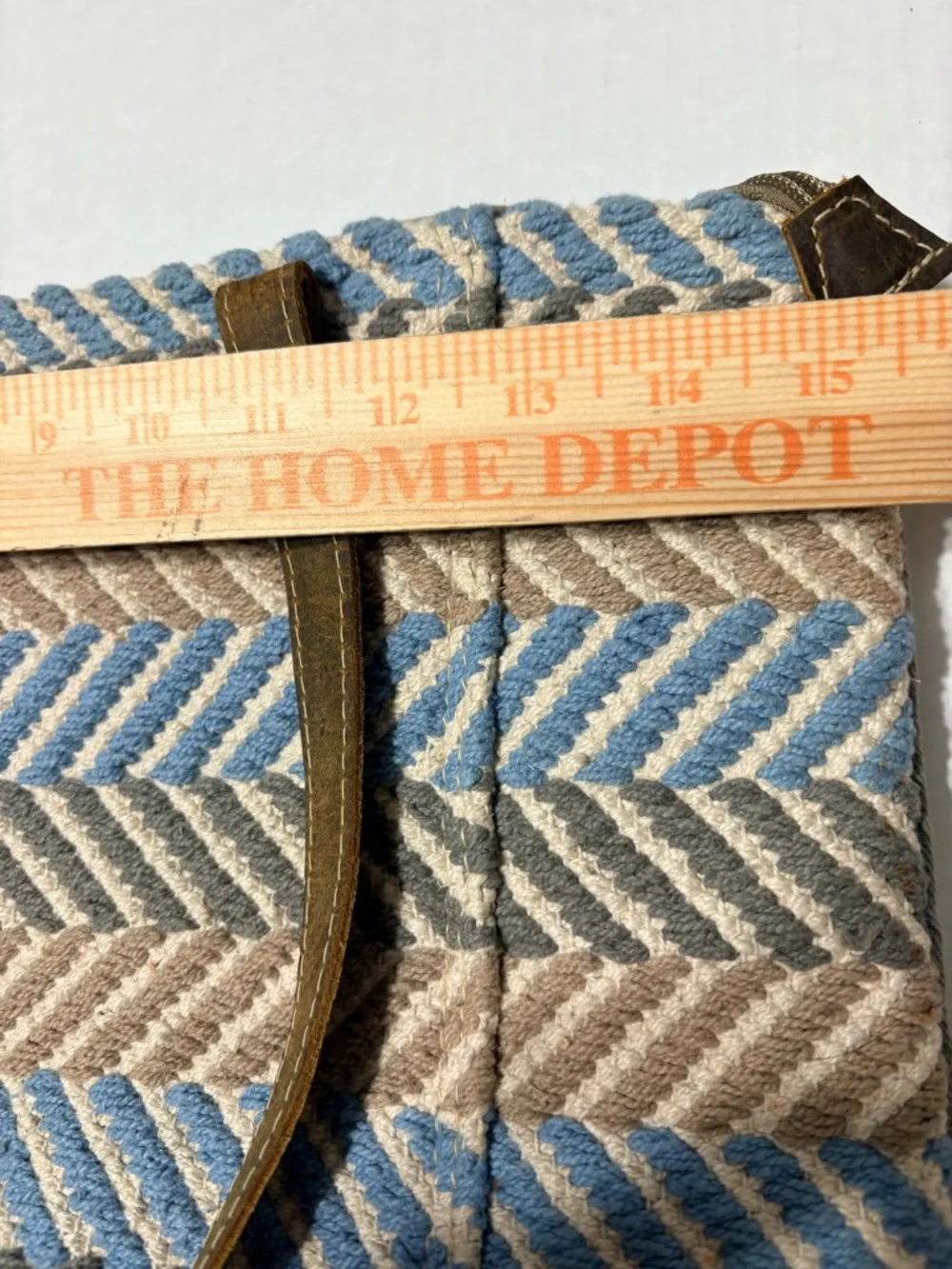 Myra Upcycled Chevron Striped Blue, Beige Gray Woven‎ Tote w Brown Leather Trim